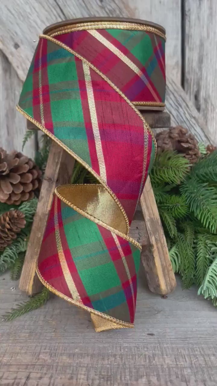 2.5" Christmas Plaid Ribbon, Red Green Gold Plaid Ribbon, Traditional Christmas Ribbon