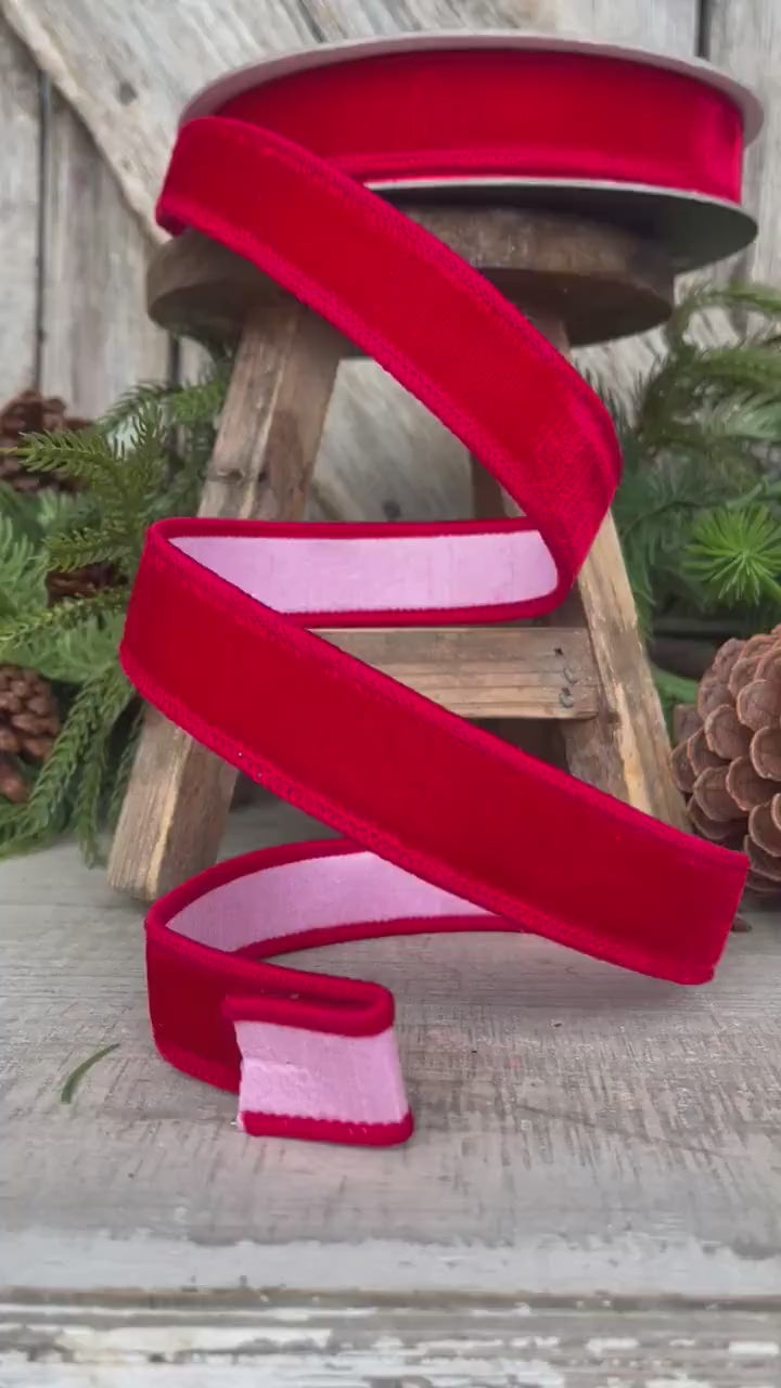 1" Red Pink Velvet, Farrisilk Ribbon, Wired Ribbon