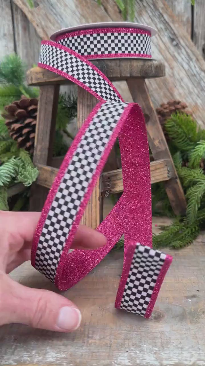 1" Black White Check Hot Pink Glitter Wired Ribbon, 10 Yard Roll