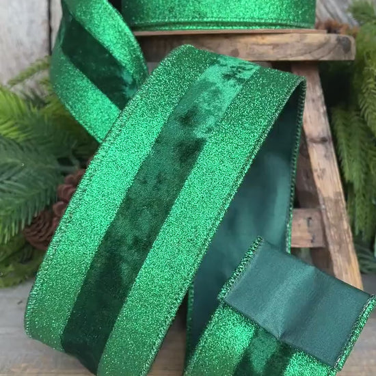 2.5" Emerald Green Velvet Ribbon, Vlevet Glitter Stripe Ribbon, Christmas Ribbon