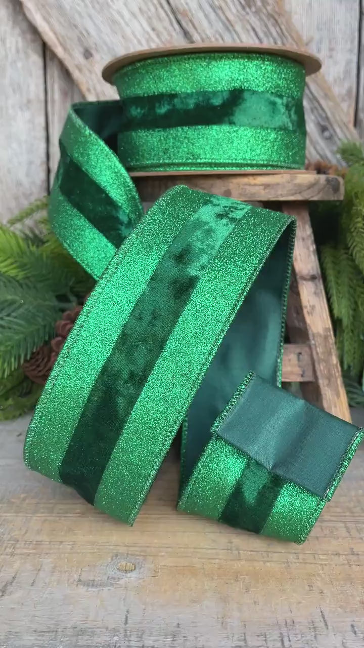 2.5" Emerald Green Velvet Ribbon, Vlevet Glitter Stripe Ribbon, Christmas Ribbon