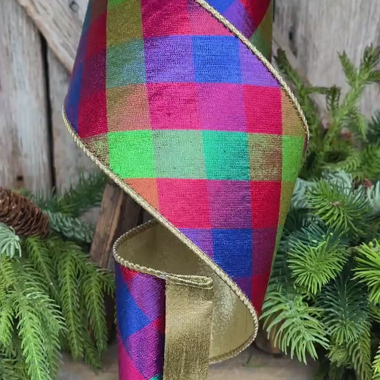 4" Color Checks Christmas RIbbon, Colorful Ribbon, Designer Ribbon