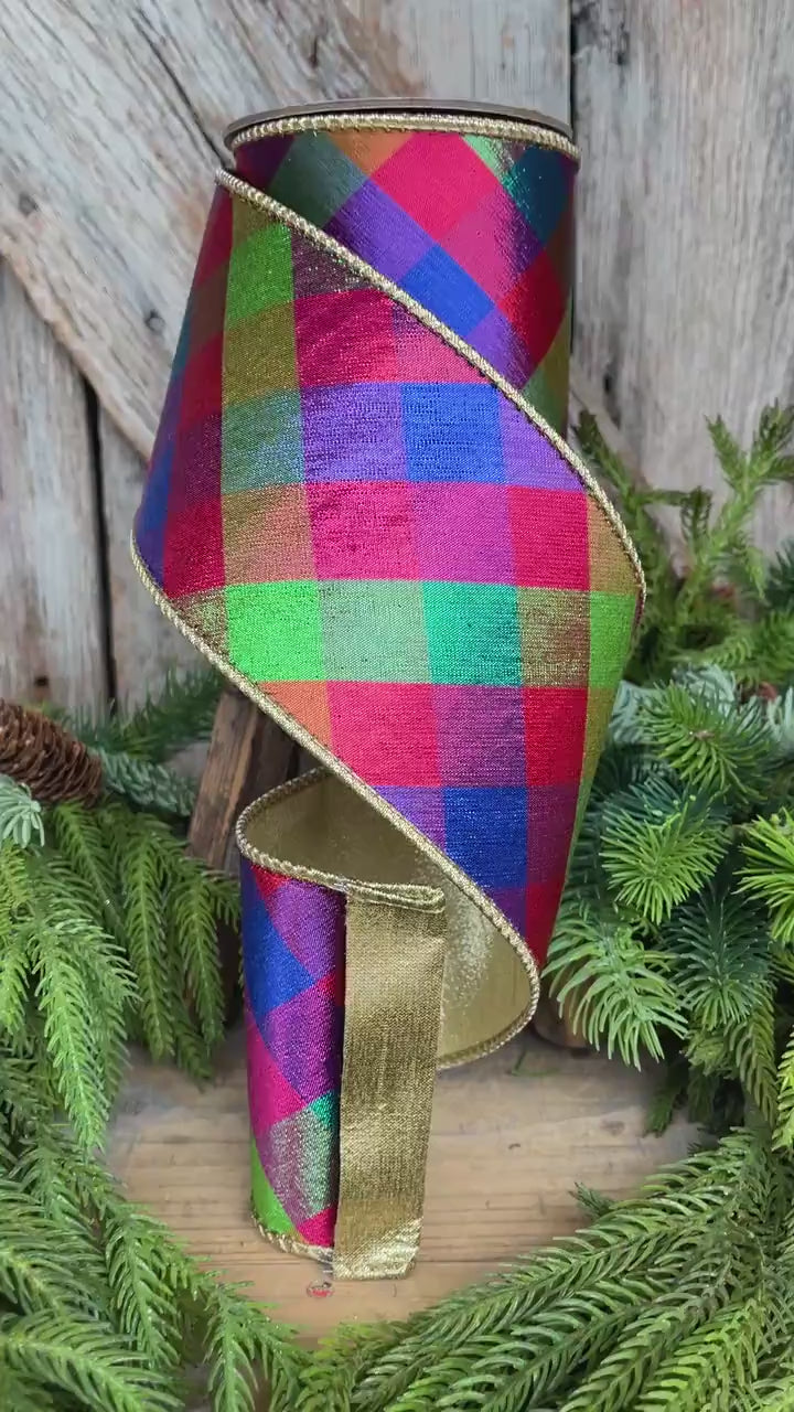 4" Color Checks Christmas RIbbon, Colorful Ribbon, Designer Ribbon