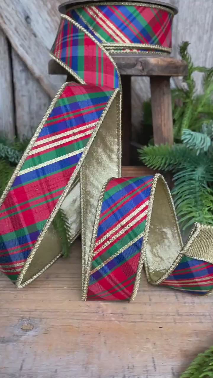 1.5" Christmas Plaid Ribbon, Red Blue Plaid Ribbon, Tartan Plaid Ribbon