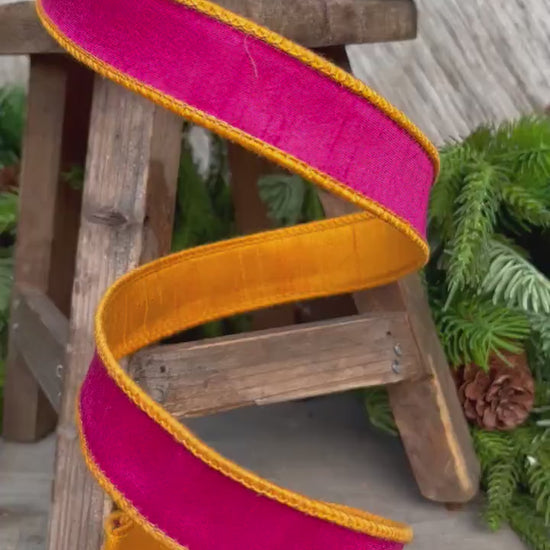 1" Pink Orange Contrast Taffeta, Farrisilk Ribbon, Wired Ribbon
