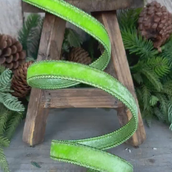 3/4" Bright Lime Green Velvet Ribbon, Farrisilk ribbon, Christmas Ribbon
