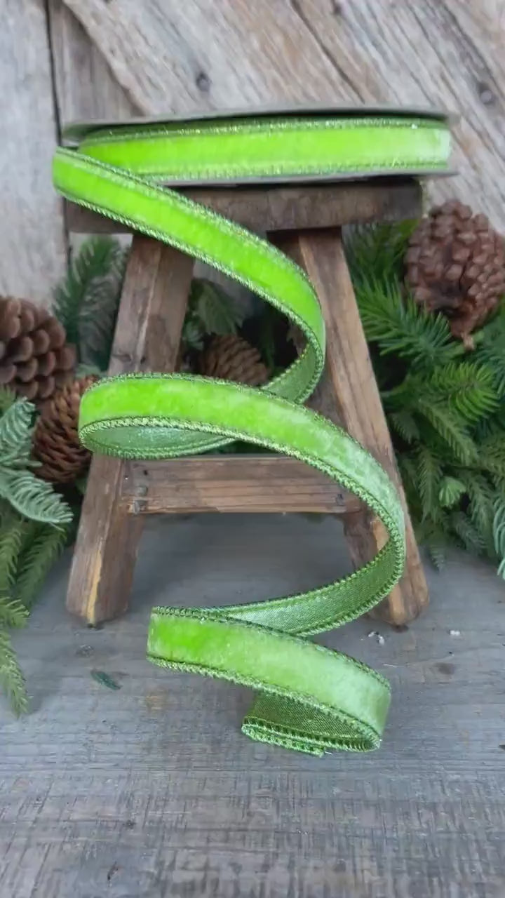 3/4" Bright Lime Green Velvet Ribbon, Farrisilk ribbon, Christmas Ribbon