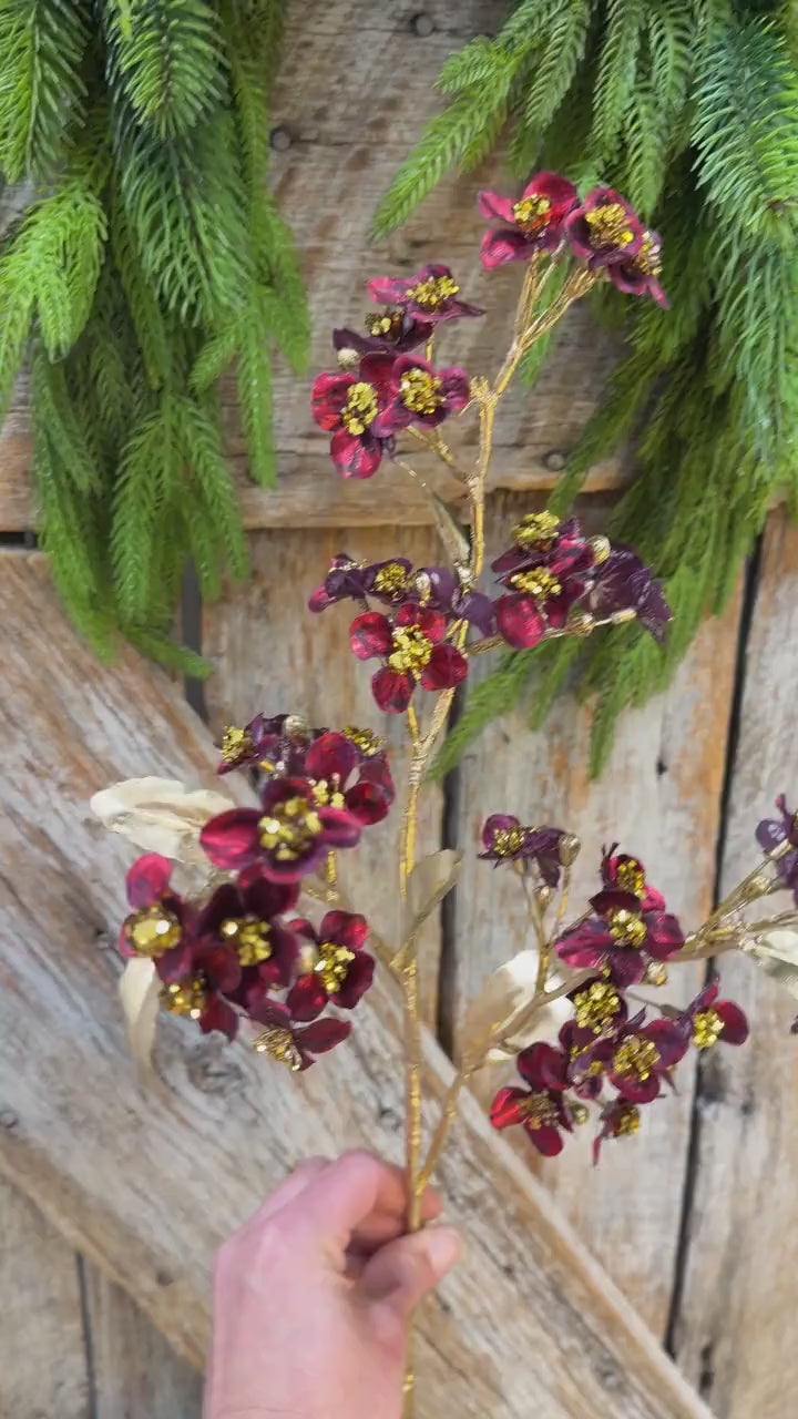 27" Burgundy Blossom Spray, Burgundy Christmas Floral Spray