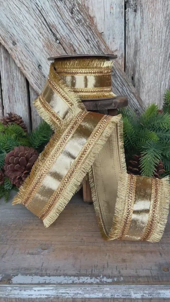 2.5" Gold Velvet Fringe Ribbon, Christmas Ribbon, Gold RIbbon