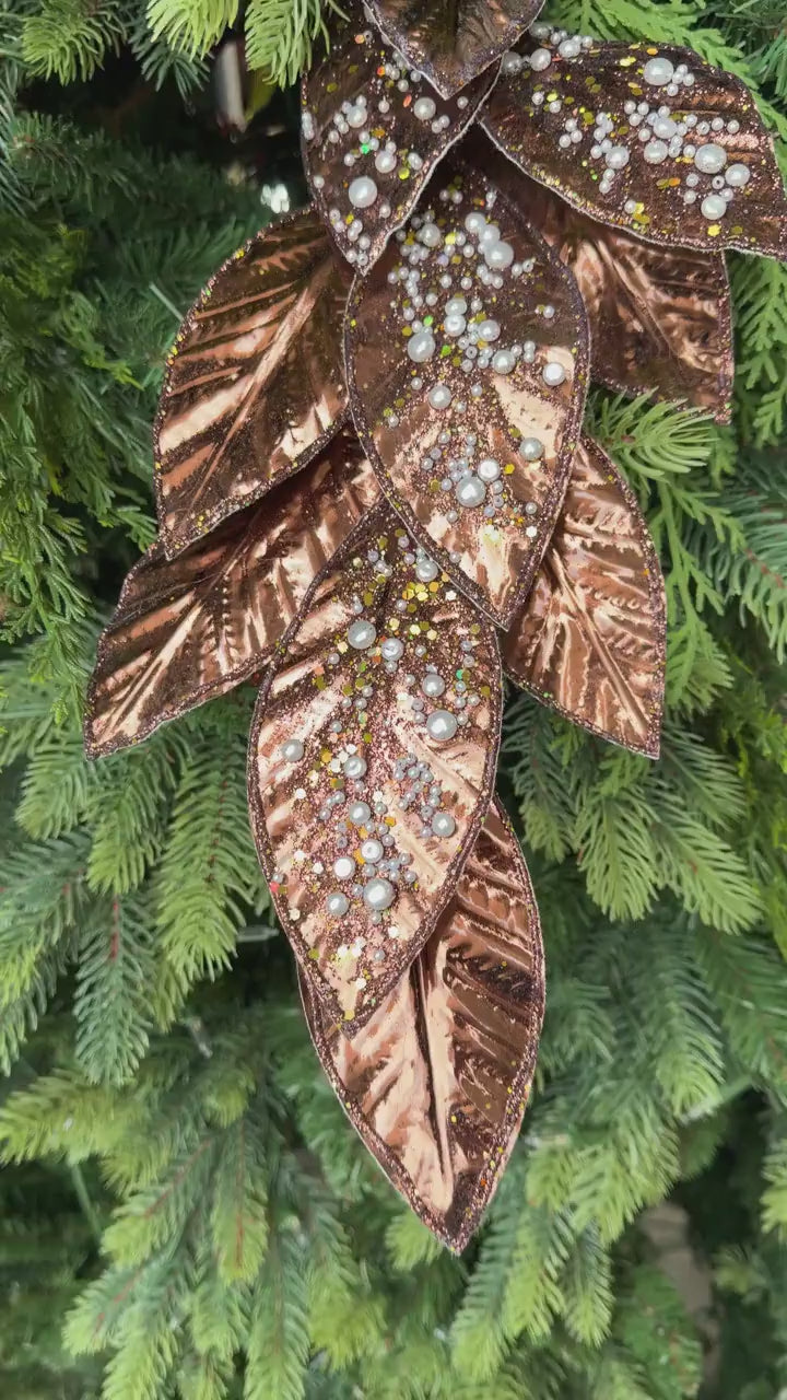 29" Chocolate Pearl Leaf Spray, Pearl Glitter Christmas Pick