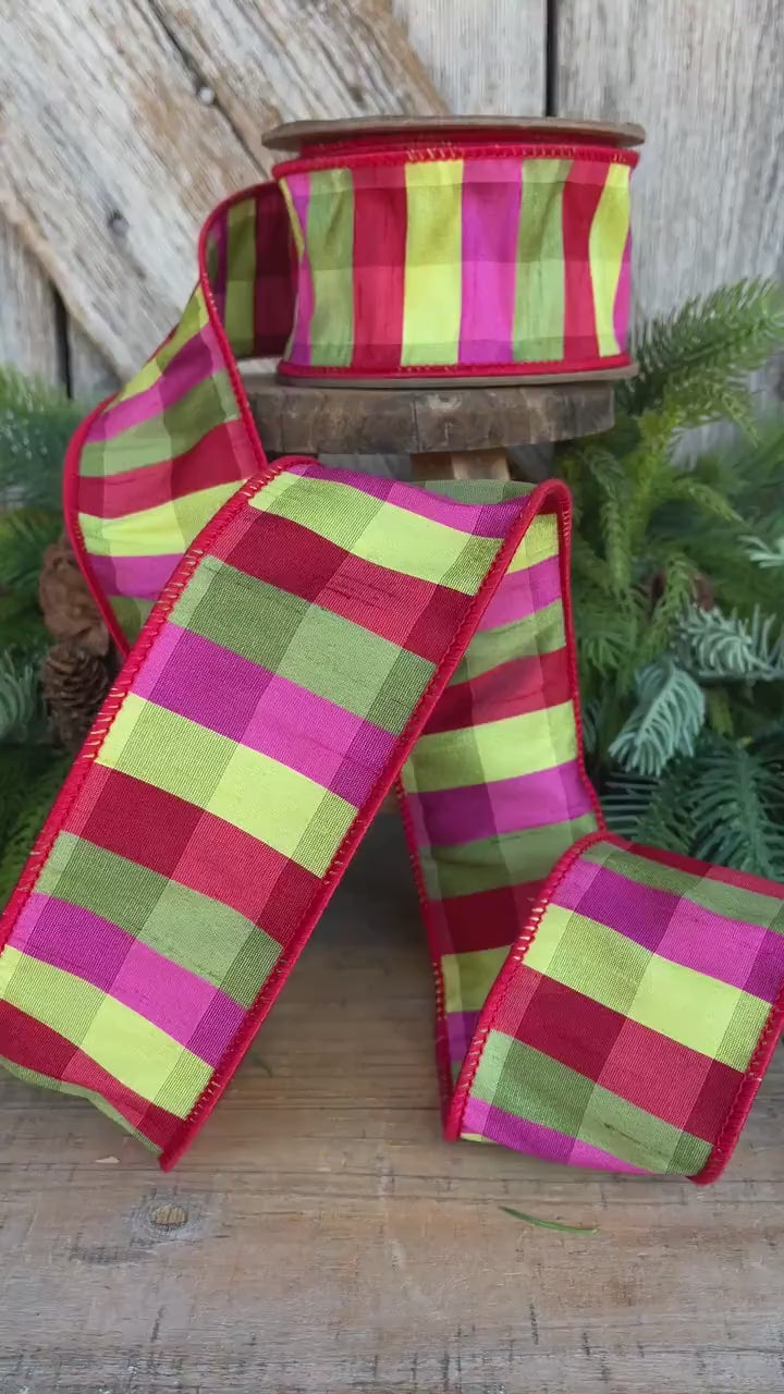 2.5" Fuchsia, Lime Red Plaid Wired Ribbon, Designer Christmas Ribbon for Wreaths