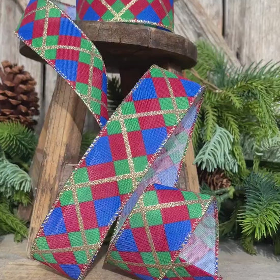 1.5" Blue Christmas Plaid Ribbon, Red Blue Green Gold Georgina Plaid Ribbon, Christmas plaid Ribbon