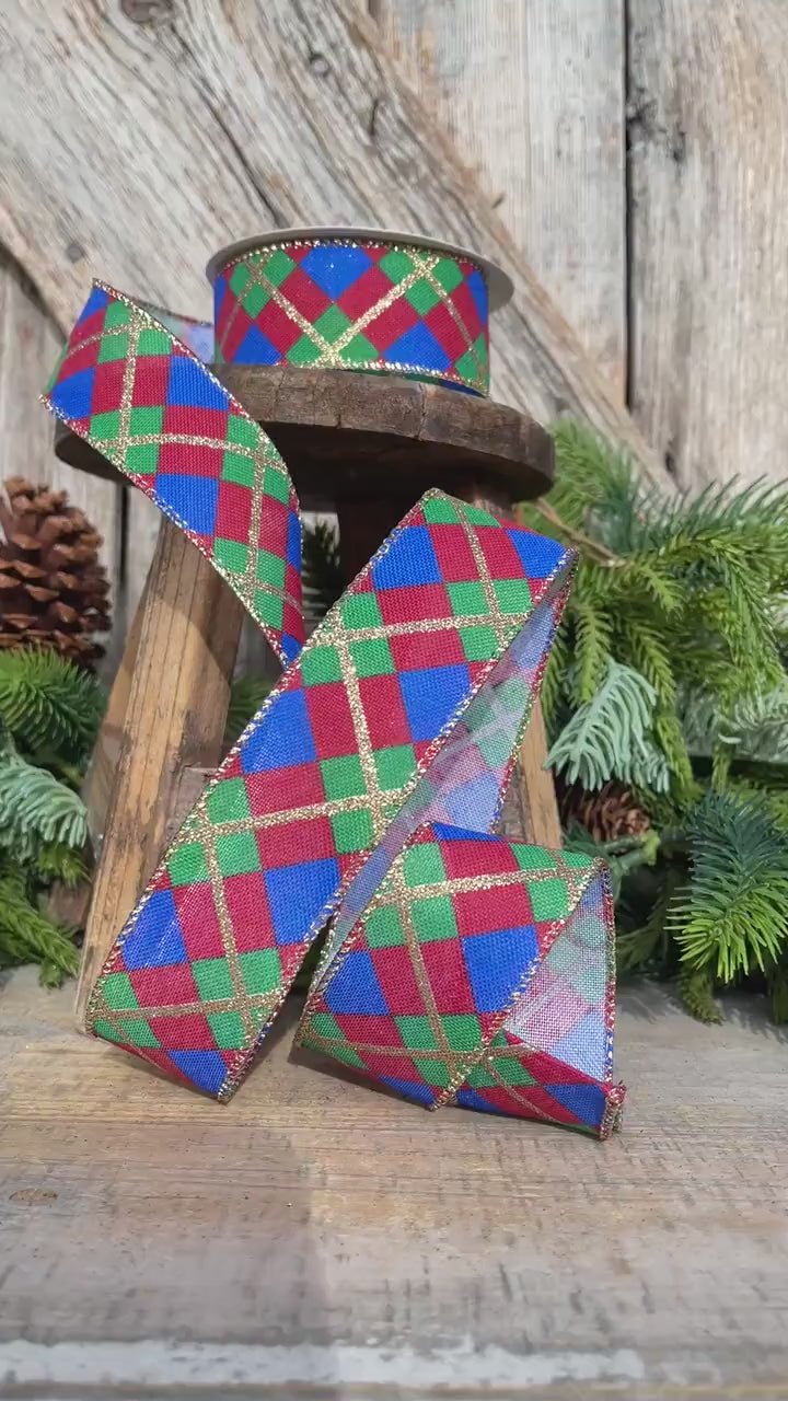1.5" Blue Christmas Plaid Ribbon, Red Blue Green Gold Georgina Plaid Ribbon, Christmas plaid Ribbon