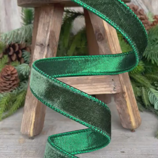 1" Dark Pine Green Velvet, Christmas Tree Ribbon, Farrisilk Velvet