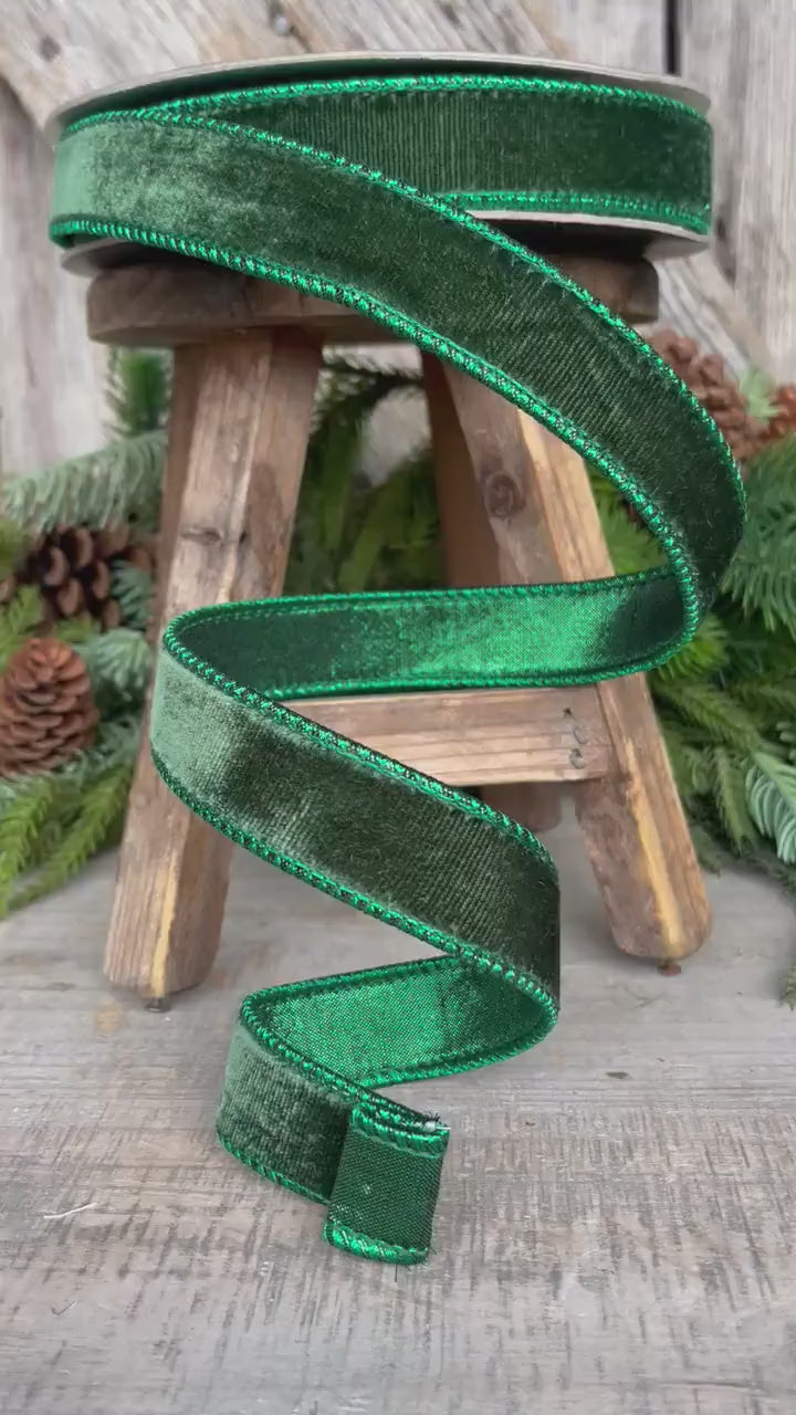 1" Dark Pine Green Velvet, Christmas Tree Ribbon, Farrisilk Velvet