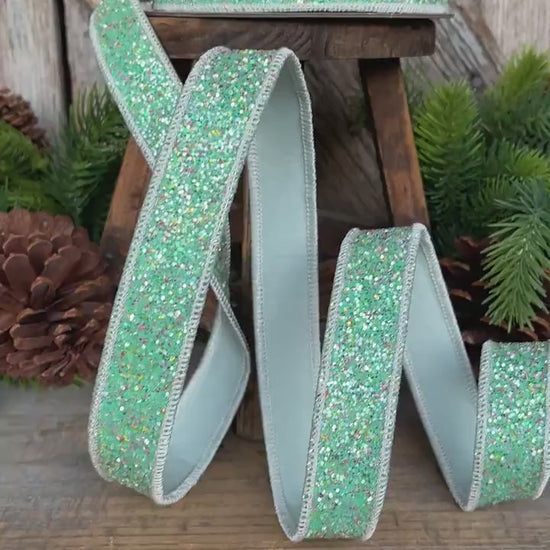 1" Mint Green Glitter Ribbon, Farrisilk Ribbon, Spearmint Glitter Ribbon