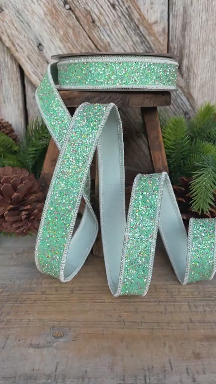 1" Mint Green Glitter Ribbon, Farrisilk Ribbon, Spearmint Glitter Ribbon