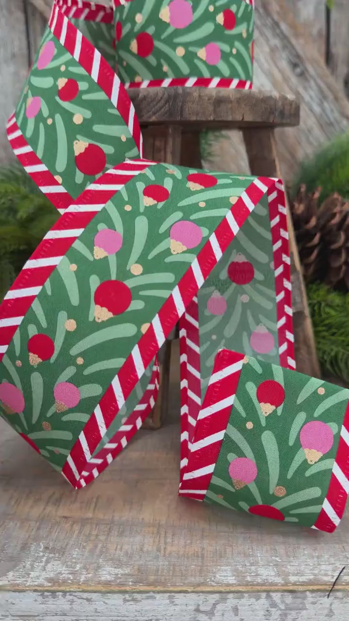 2.5" Red Pink Green Ribbon with Ornaments Candy Stripe Edge 10 Yard Roll