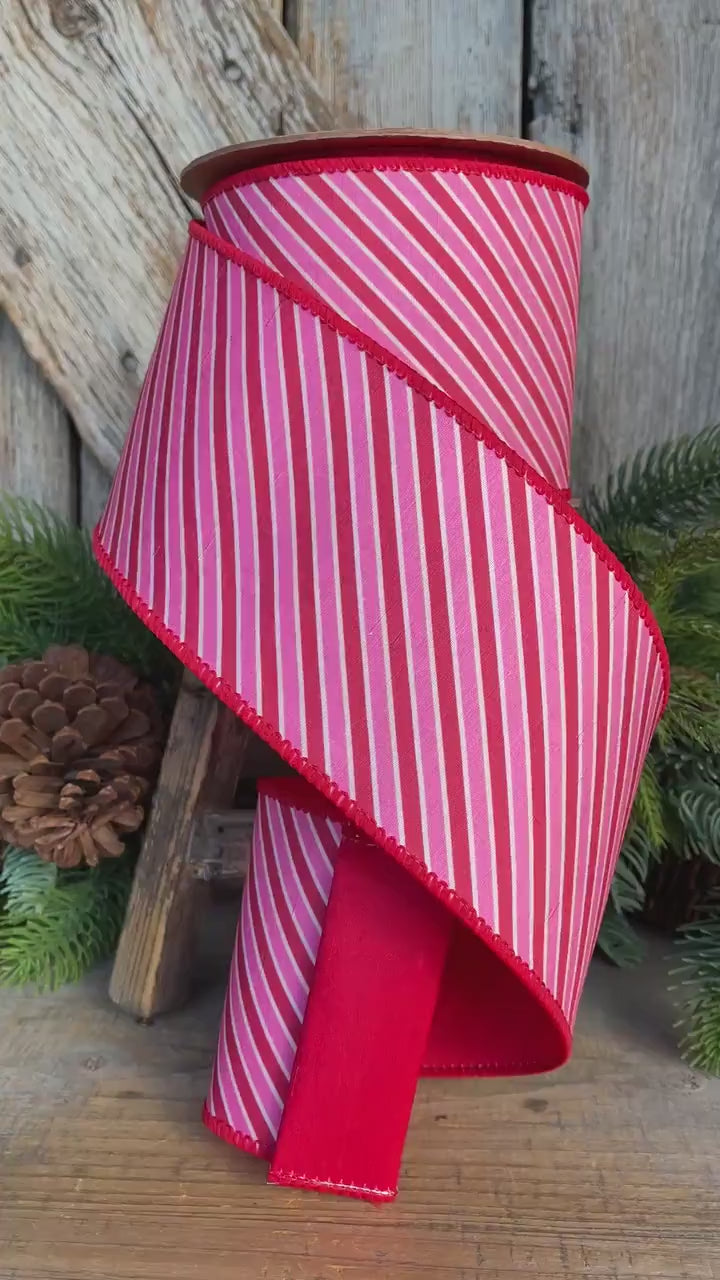 4" Valentine Ribbon, Pink Red Diagonal Ribbon, Designer Wired Ribbon