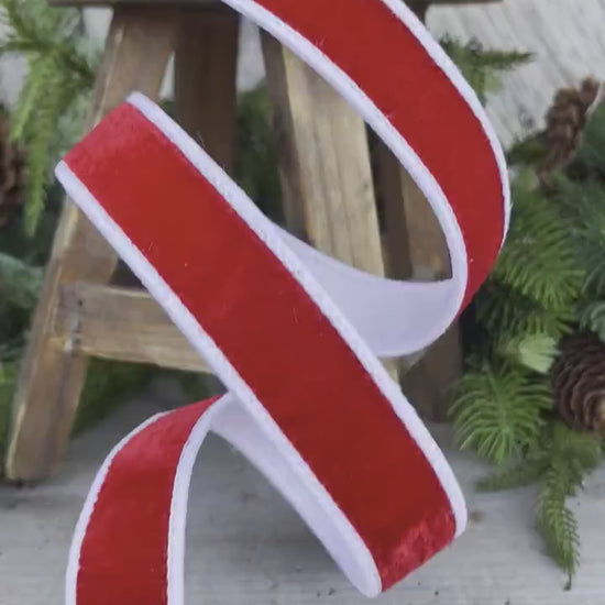 1" Red and White Two Tone Velvet, Farrisilk ribbon, velvet ribbon