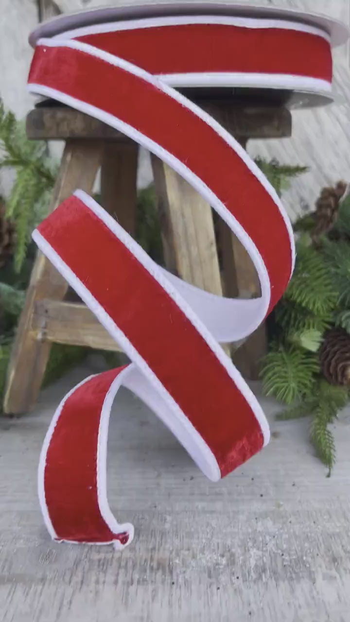 1" Red and White Two Tone Velvet, Farrisilk ribbon, velvet ribbon