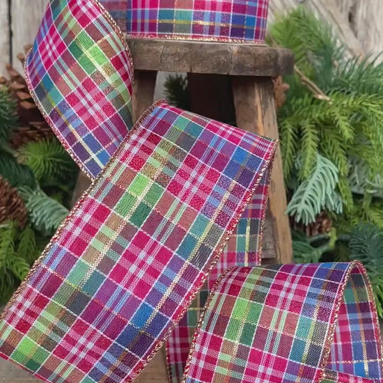 2.5" Pink Christmas Plaid Ribbon, Bright Christmas Plaid Ribbon, Pink Blue Christmas Plaid