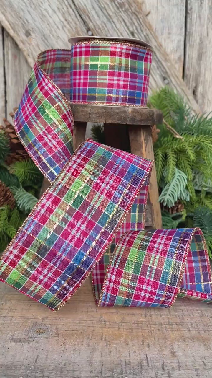 2.5" Pink Christmas Plaid Ribbon, Bright Christmas Plaid Ribbon, Pink Blue Christmas Plaid