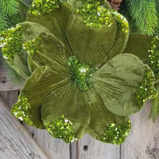 21" Forest Green Velvet Magnolia, Christmas Magnolia, Faux Magnolia Stem