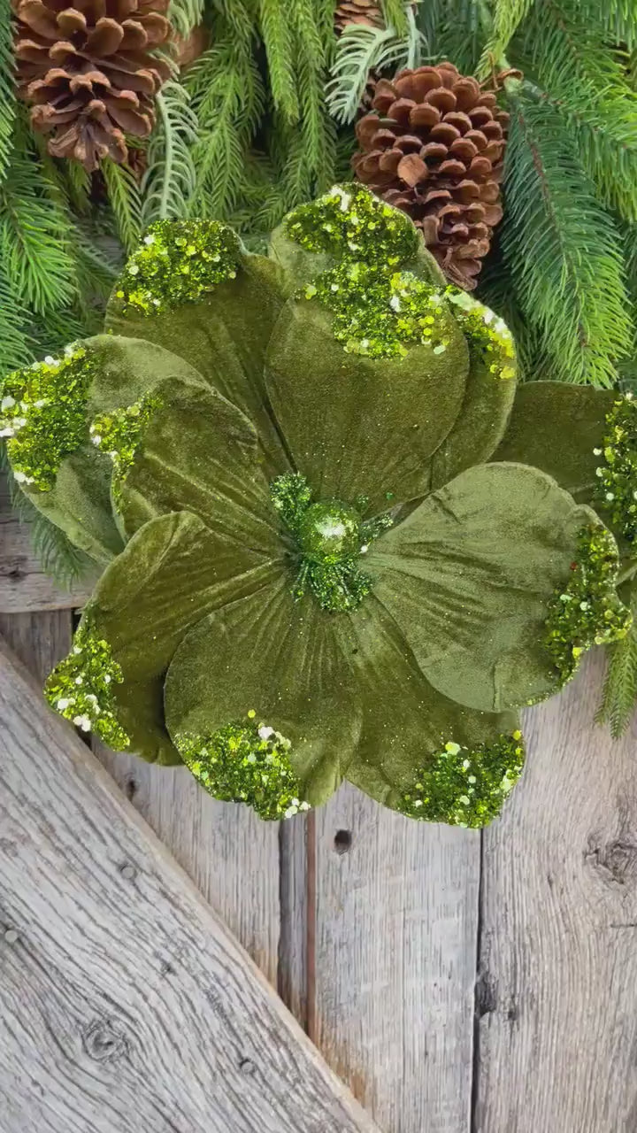 21" Forest Green Velvet Magnolia, Christmas Magnolia, Faux Magnolia Stem