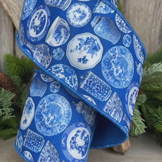 4" Blue Chinoiserie Ribbon, Blue and White Chinoiserie Ribbon, Wired RIbbon