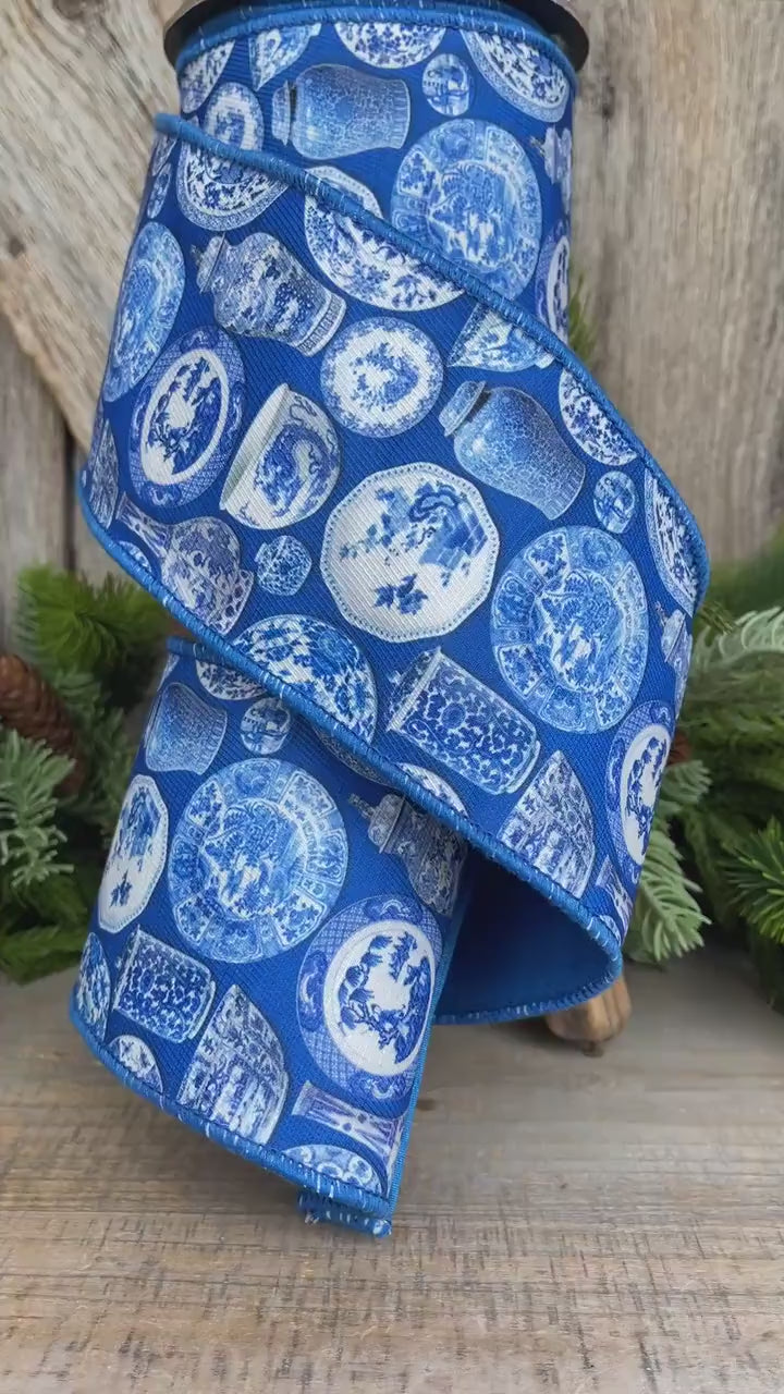 4" Blue Chinoiserie Ribbon, Blue and White Chinoiserie Ribbon, Wired RIbbon