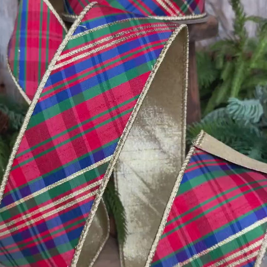 2.5" Christmas Plaid Ribbon, Red Blue Plaid Ribbon, Tartan Plaid Ribbon