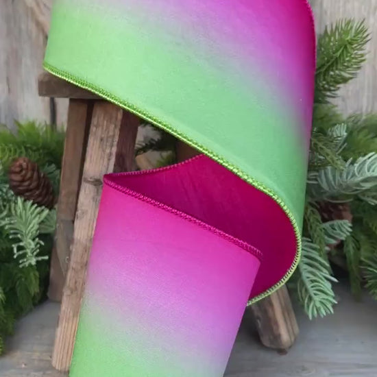 4" Pink Lime Green Vibrant Horizon Ribbon, Farrisilk RIbbon, Wired RIbbon