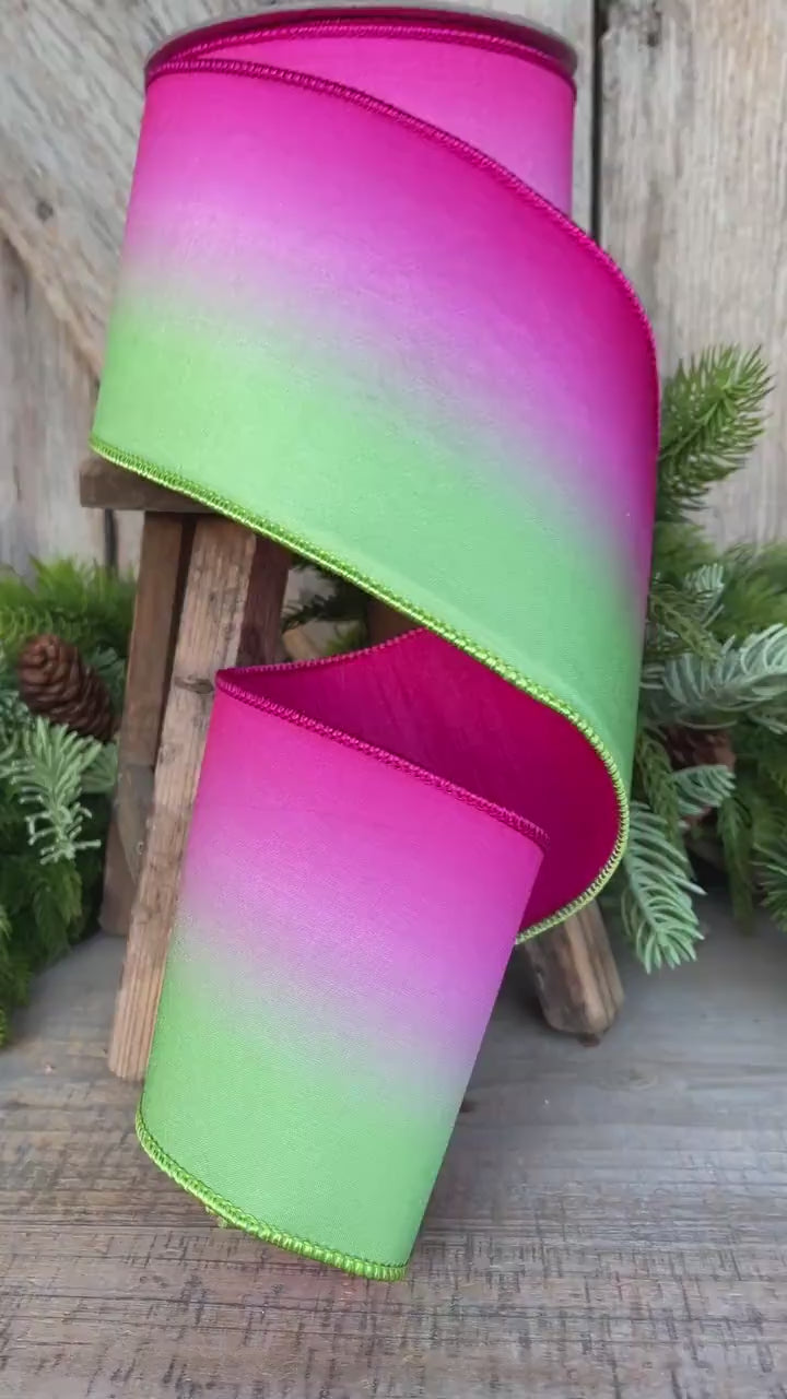 4" Pink Lime Green Vibrant Horizon Ribbon, Farrisilk RIbbon, Wired RIbbon