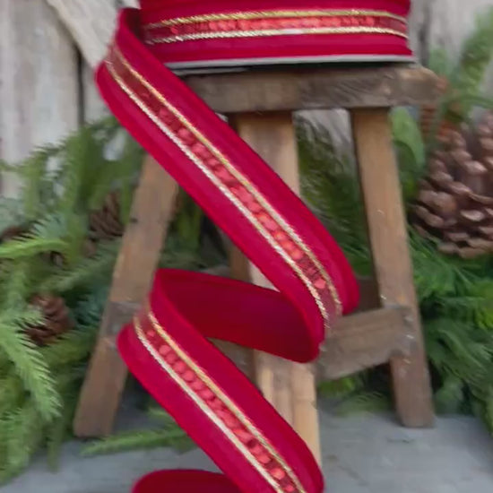 1" REd Twinkle Trim Ribbon, Farrisilk ribbon, REd Jeweled RIbbon