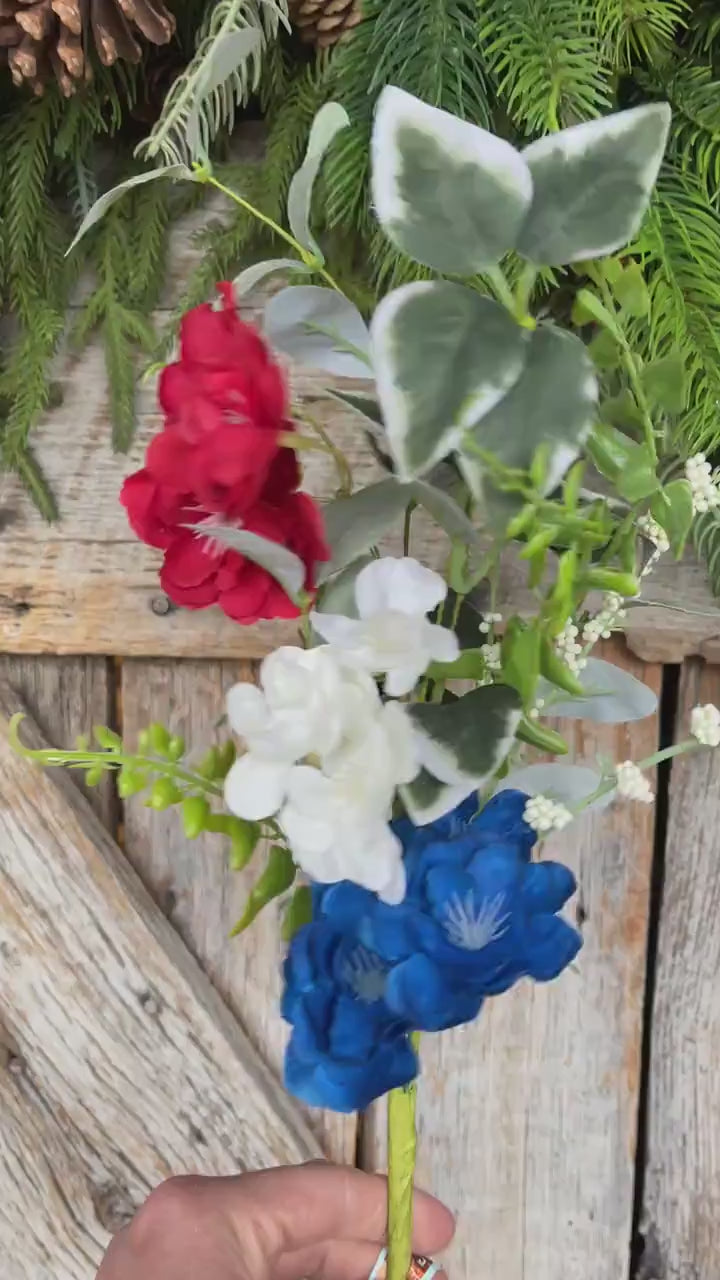 20" Patriotic Hydrangea Bush, Artificial Floral Bush, Red White Blue Floral