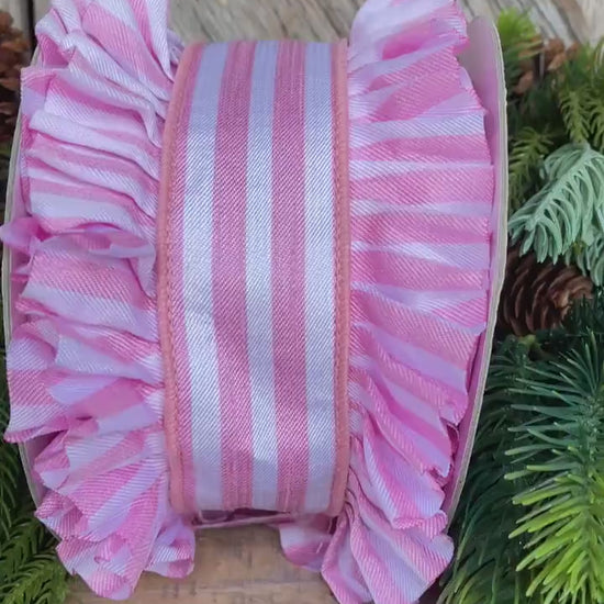 4.5" Pink Ruffle Ribbon, Farrisilk Ribbon, Pink Candy Wrap Ruffle