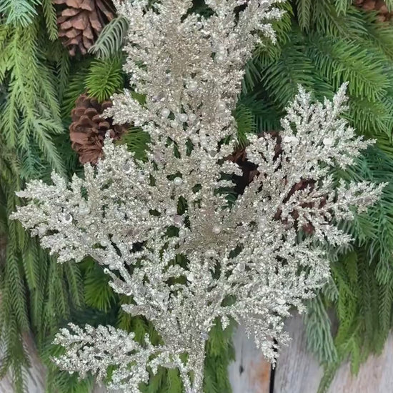33" Glitter Pearl Twig Spray, Platinum Christmas Tree Picks & Stems, Christmas Tree Spray