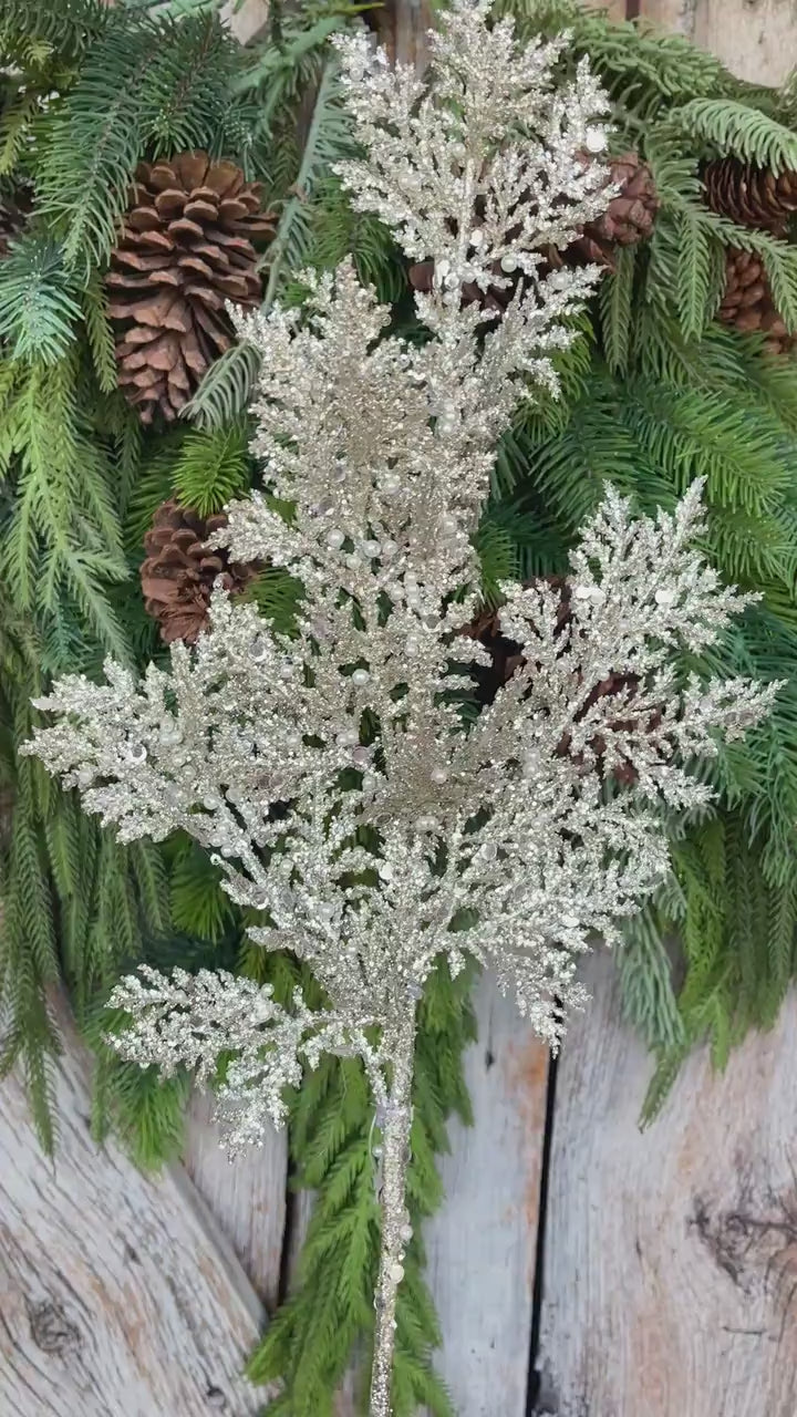 33" Glitter Pearl Twig Spray, Platinum Christmas Tree Picks & Stems, Christmas Tree Spray
