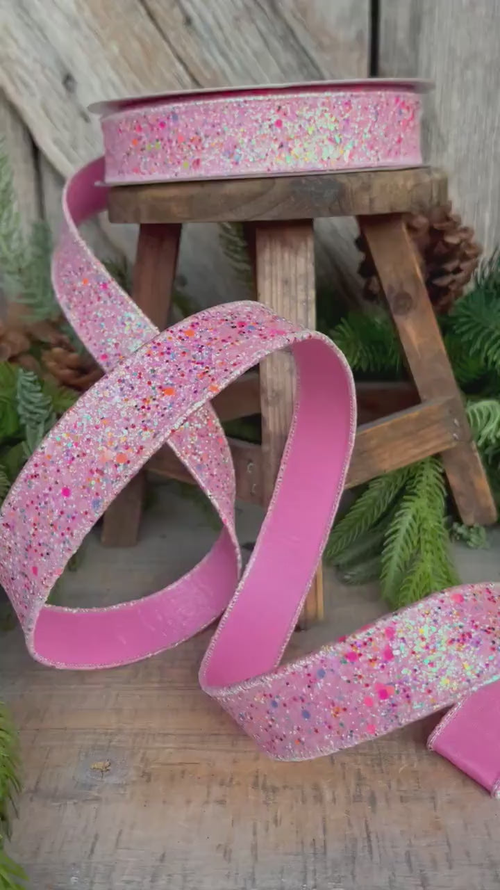 1" Pink Fairy Dust Ribbon, Farrisilk Ribbon, Pink Glitter RIbbon