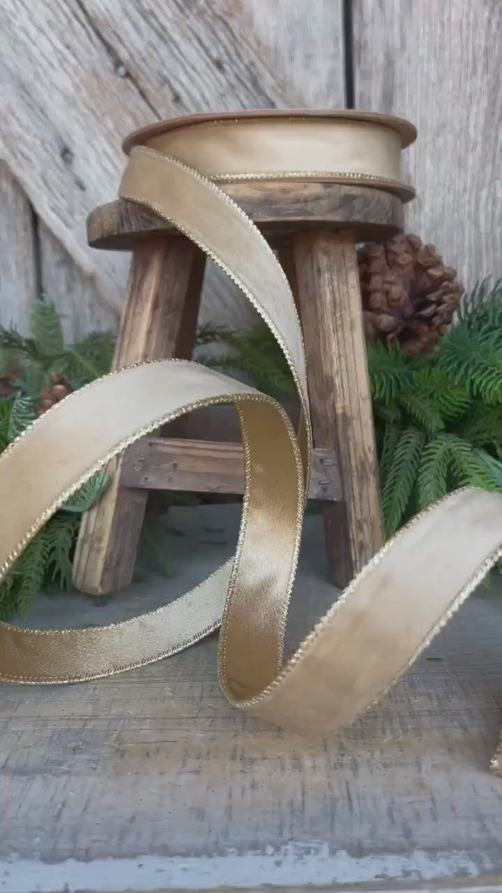 1" Gold Velvet RIbbon, Wired Ribbon, Champagne Gold Velvet Ribbon