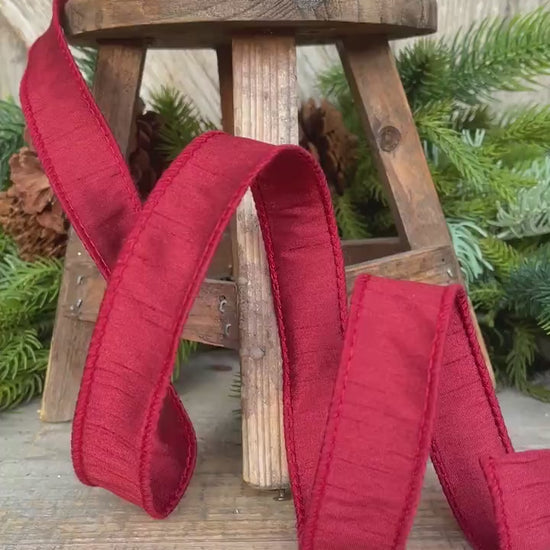 1” Deep Red Dupioni Ribbon, ribbon, wired ribbon