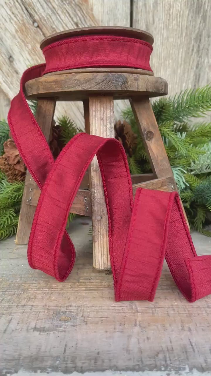 1” Deep Red Dupioni Ribbon, ribbon, wired ribbon
