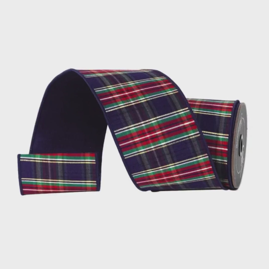 4" Navy Blue Christmas Plaid Ribbon, Farrisilk Plaid Ribbon