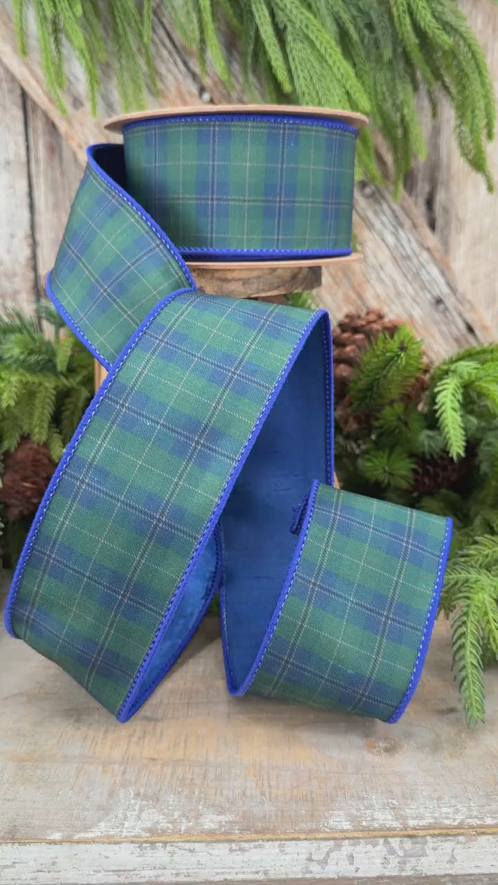 2.5" Blue Green Christmas Plaid Ribbon, Black Watch Plaid Ribbon