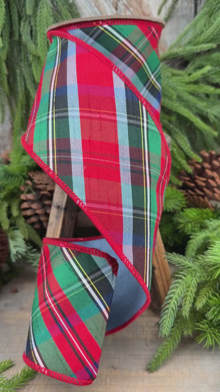 4" Dusty Blue Christmas Plaid Ribbon, Wired Ribbon