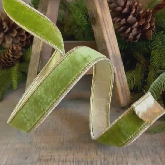 1" Moss Green Velvet Ribbon, Lime Green Velvet Ribbon, Wired Ribbon