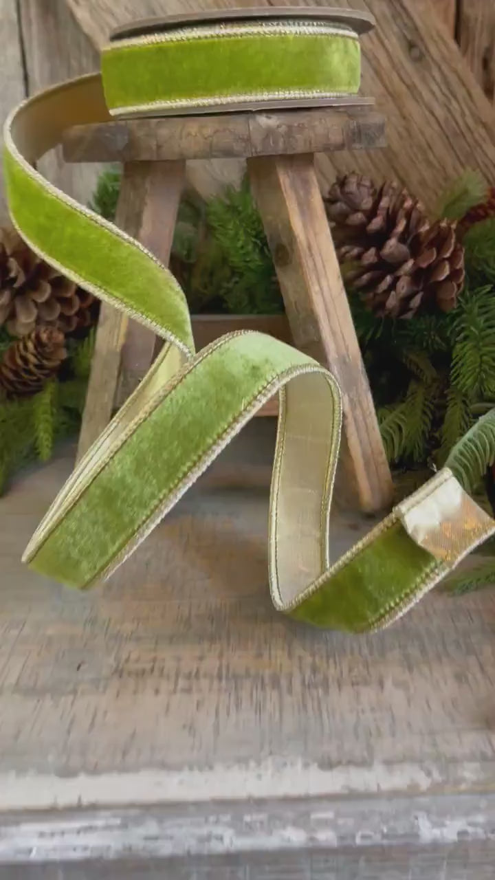 1" Moss Green Velvet Ribbon, Lime Green Velvet Ribbon, Wired Ribbon