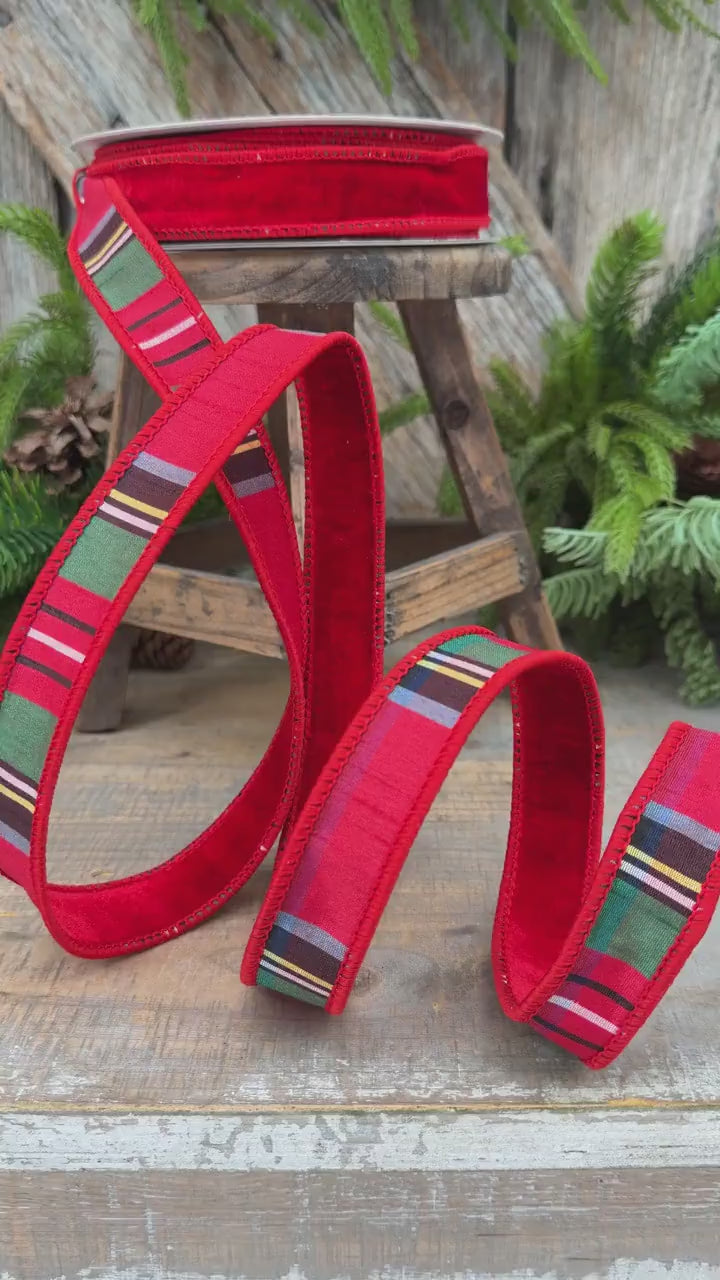 1" Red Velvet Plaid Ribbon, Double Sided Plaid Ribbon