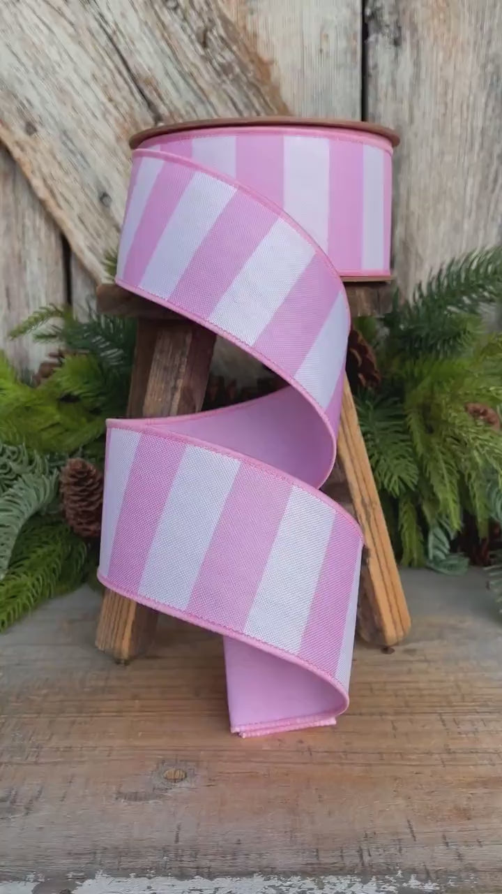 2.5” Pink Stripe Wired Ribbon – Spring Easter Ribbon, Designer Pastel Ribbon for Wreaths